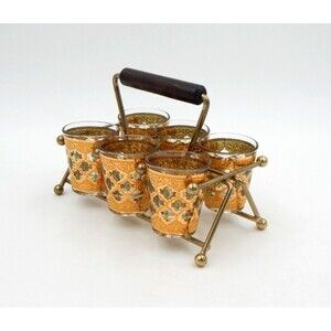 Culver Valencia Set of 6 Shot Glasses Caddy Gold & Green Accents Vintage MCM